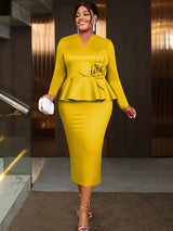 AOMEIDRESS Stylish Shiny Pencil Dress V Neck 3D Flower Ruffles Gowns Yellow / L