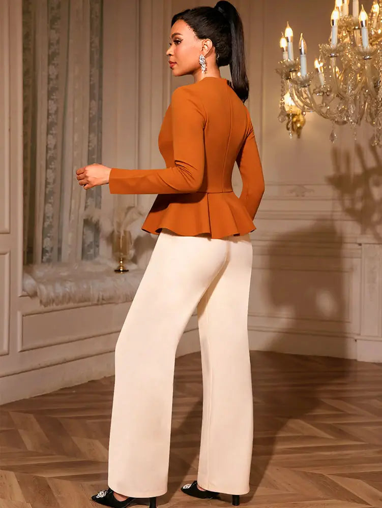 AOMEIDRESS Stylish Two Piece Set Brown Buttons Top Wide Leg Pants