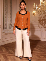 AOMEIDRESS Stylish Two Piece Set Brown Buttons Top Wide Leg Pants