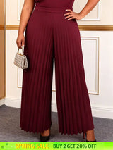 AOMEIDRESS Stylish Wine Pleated Pants High Waist Wide Leg Causal Wear Wine / L