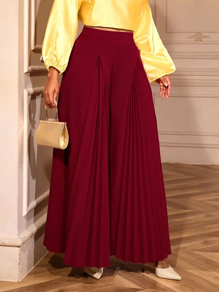 AOMEIDRESS Stylish Wine Pleated Split Wide Leg Pants Casual Wear