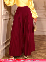 AOMEIDRESS Stylish Wine Pleated Split Wide Leg Pants Casual Wear Wine / S