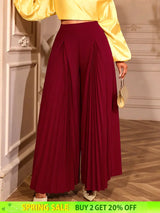 AOMEIDRESS Stylish Wine Pleated Split Wide Leg Pants Casual Wear Wine / S