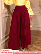 AOMEIDRESS Stylish Wine Pleated Split Wide Leg Pants Casual Wear Wine / S