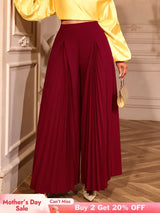 AOMEIDRESS Stylish Wine Pleated Split Wide Leg Pants Casual Wear Wine / S