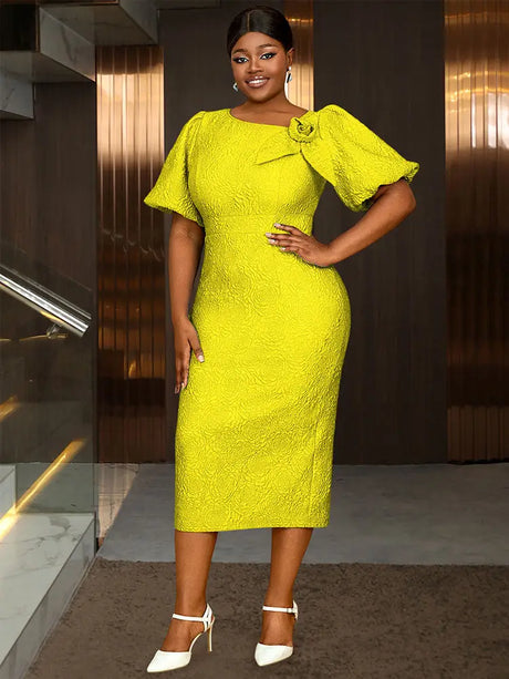 AOMEIDRESS Summer V Collar Party Outfits for Women 3D Flower Short Bubble Sleeve Yellow / S