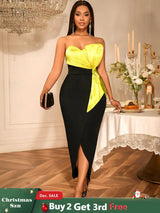 AOMEIDRESS Summer Wedding Guest Dress Bow Strapless Graduation Dress Black / S