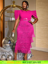 AOMEIDRESS Tassel Maxi Dress O Neck Folds Puff Sleeve High Waist Slim Rose / S