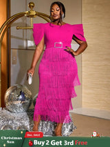 AOMEIDRESS Tassel Maxi Dress O Neck Folds Puff Sleeve High Waist Slim Rose / S