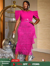 AOMEIDRESS Tassel Maxi Dress O Neck Folds Puff Sleeve High Waist Slim Rose / S