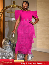 AOMEIDRESS Tassel Maxi Dress O Neck Folds Puff Sleeve High Waist Slim Rose / S