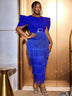 AOMEIDRESS Tassel Maxi Dress O Neck Folds Puff Sleeve High Waist Slim Blue / S