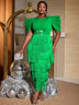 AOMEIDRESS Tassel Maxi Dress O Neck Folds Puff Sleeve High Waist Slim Green / S