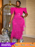 AOMEIDRESS Tassel Maxi Dress O Neck Folds Puff Sleeve High Waist Slim Rose / S