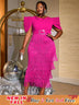 AOMEIDRESS Tassel Maxi Dress O Neck Folds Puff Sleeve High Waist Slim Rose / S