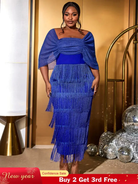 AOMEIDRESS Tassel Maxi Dress Off Shoulder Shawl Sleeve Mesh Patchwork Blue / S