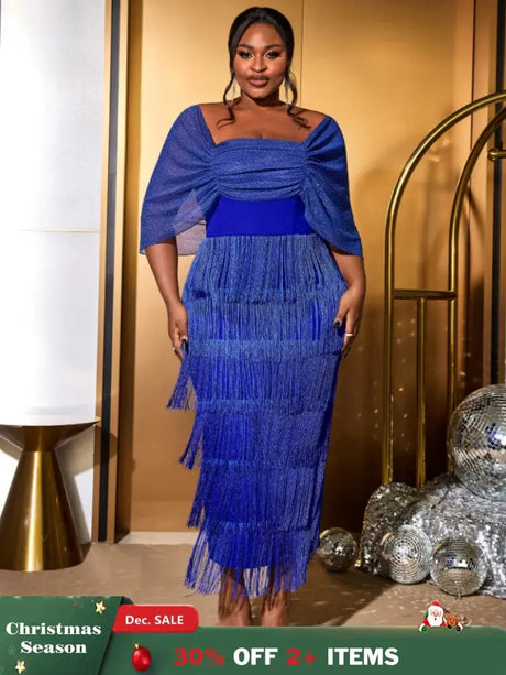 AOMEIDRESS Tassel Maxi Dress Off Shoulder Shawl Sleeve Mesh Patchwork Blue / S