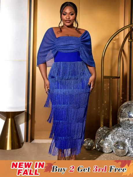 AOMEIDRESS Tassel Maxi Dress Off Shoulder Shawl Sleeve Mesh Patchwork Blue / S