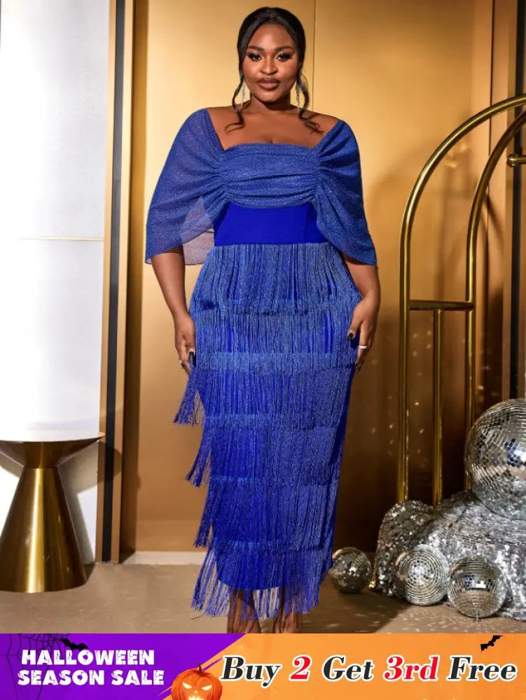 AOMEIDRESS Tassel Maxi Dress Off Shoulder Shawl Sleeve Mesh Patchwork Blue / S