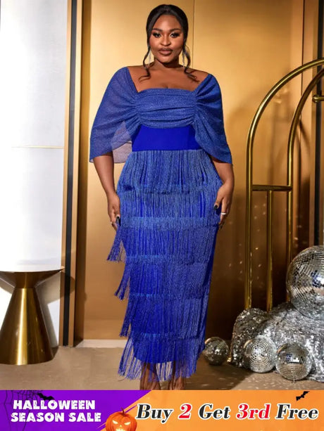 AOMEIDRESS Tassel Maxi Dress Off Shoulder Shawl Sleeve Mesh Patchwork Blue / S