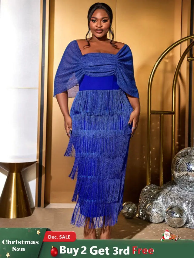 AOMEIDRESS Tassel Maxi Dress Off Shoulder Shawl Sleeve Mesh Patchwork Blue / S