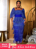 AOMEIDRESS Tassel Maxi Dress Off Shoulder Shawl Sleeve Mesh Patchwork Blue / S