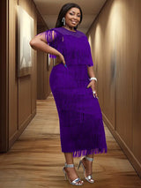 AOMEIDRESS Tulle Party Dress for Women Patchwork Tassel Fringe Purple / S