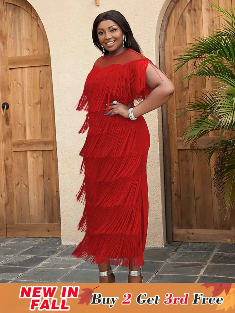 red elegant chic tassel dress