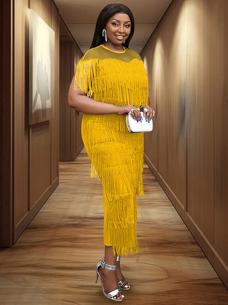 AOMEIDRESS Tulle Party Dress for Women Patchwork Tassel Fringe Yellow / S