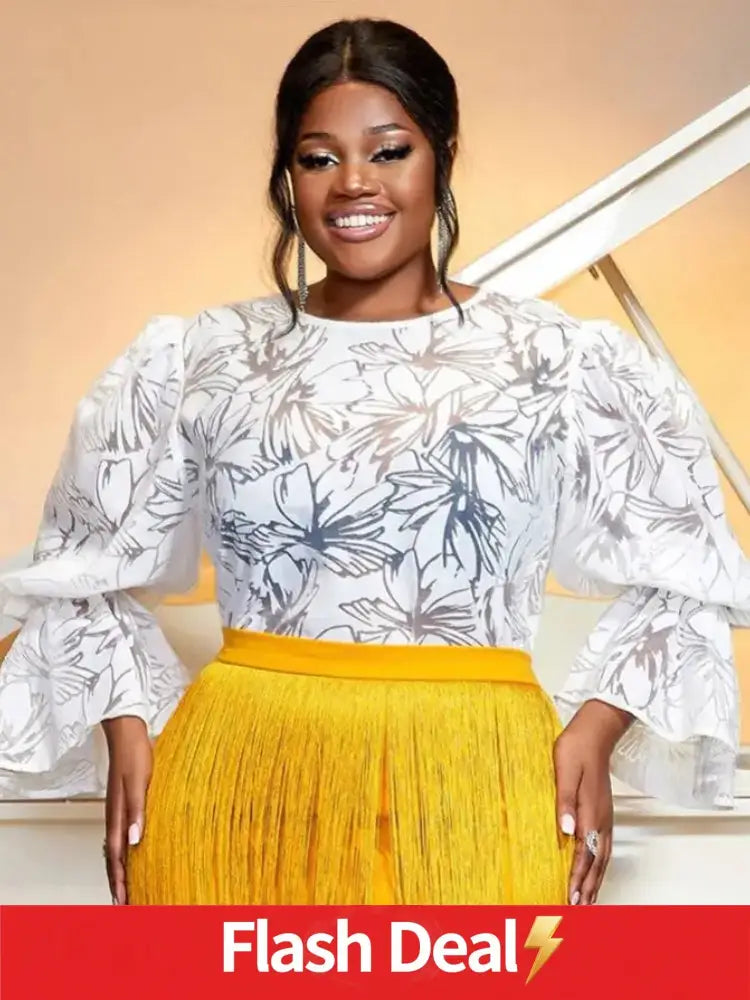 AOMEIDRESS Tulle Sexy Plus Size Party Blouse for Women Ruffles Long Sleeve White / S