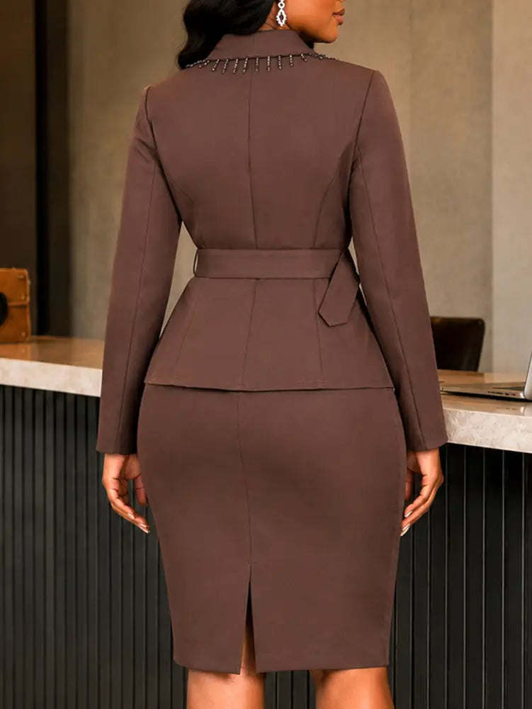 AOMEIDRESS Two Piece Set Beaded Blazer Pencil Skirt Office Business