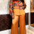 AOMEIDRESS Two Piece Set Button Patchwork Printed Shirt Wide Leg Pants - Brown / L