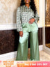 AOMEIDRESS Two Piece Set Button Patchwork Printed Shirt Wide Leg Pants - Green / L