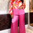 AOMEIDRESS Two Piece Set Button Patchwork Printed Shirt Wide Leg Pants - Rose / L