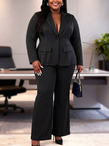 AOMEIDRESS Two Piece Set Button Up Blazer High Waist Pant Suit Office - Black / S