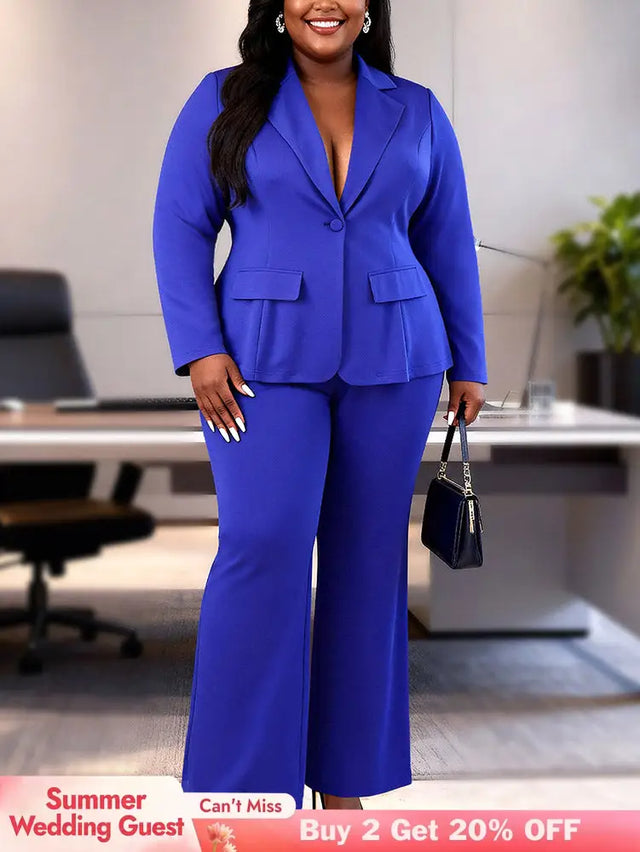 AOMEIDRESS Two Piece Set Button Up Blazer High Waist Pant Suit Office - Blue / S