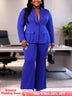 AOMEIDRESS Two Piece Set Button Up Blazer High Waist Pant Suit Office - Blue / S