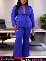 AOMEIDRESS Two Piece Set Button Up Blazer High Waist Pant Suit Office - Blue / S