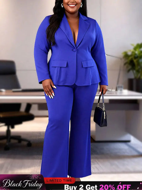 AOMEIDRESS Two Piece Set Button Up Blazer High Waist Pant Suit Office - Blue / S