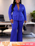 AOMEIDRESS Two Piece Set Button Up Blazer High Waist Pant Suit Office - Blue / S