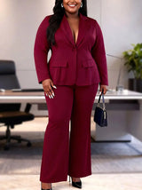 AOMEIDRESS Two Piece Set Button Up Blazer High Waist Pant Suit Office - Wine / S