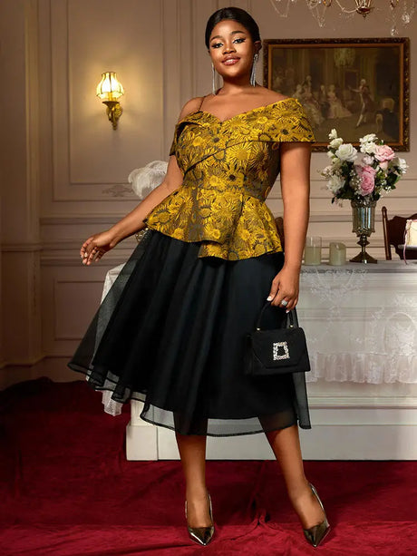 AOMEIDRESS Two Piece Set Jacquard Off Shoulder Tops With A Line Skirt