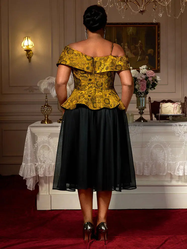 AOMEIDRESS Two Piece Set Jacquard Off Shoulder Tops With A Line Skirt