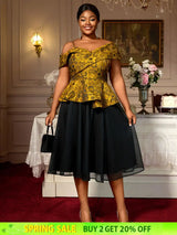 AOMEIDRESS Two Piece Set Jacquard Off Shoulder Tops With A Line Skirt Yellow / S