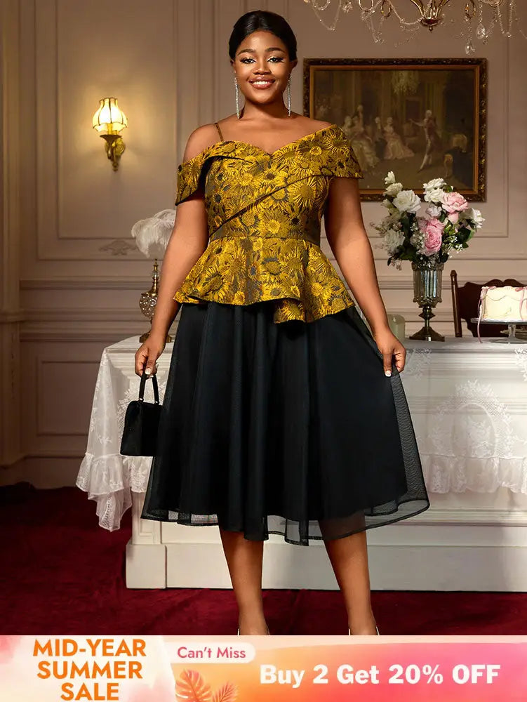 AOMEIDRESS Two Piece Set Jacquard Off Shoulder Tops With A Line Skirt Yellow / S