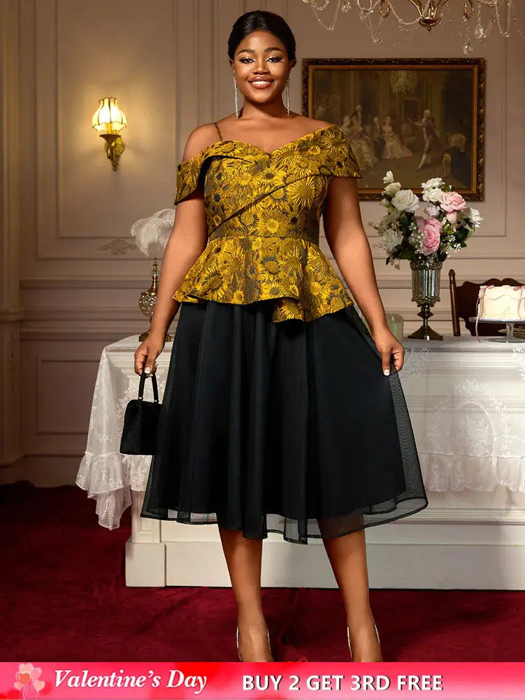 AOMEIDRESS Two Piece Set Jacquard Off Shoulder Tops With A Line Skirt Yellow / S