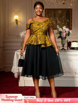 AOMEIDRESS Two Piece Set Jacquard Off Shoulder Tops With A Line Skirt Yellow / S