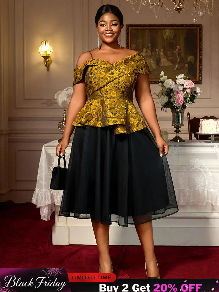 AOMEIDRESS Two Piece Set Jacquard Off Shoulder Tops With A Line Skirt Yellow / S