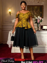 AOMEIDRESS Two Piece Set Jacquard Off Shoulder Tops With A Line Skirt Yellow / S