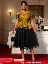 AOMEIDRESS Two Piece Set Jacquard Off Shoulder Tops With A Line Skirt Yellow / S